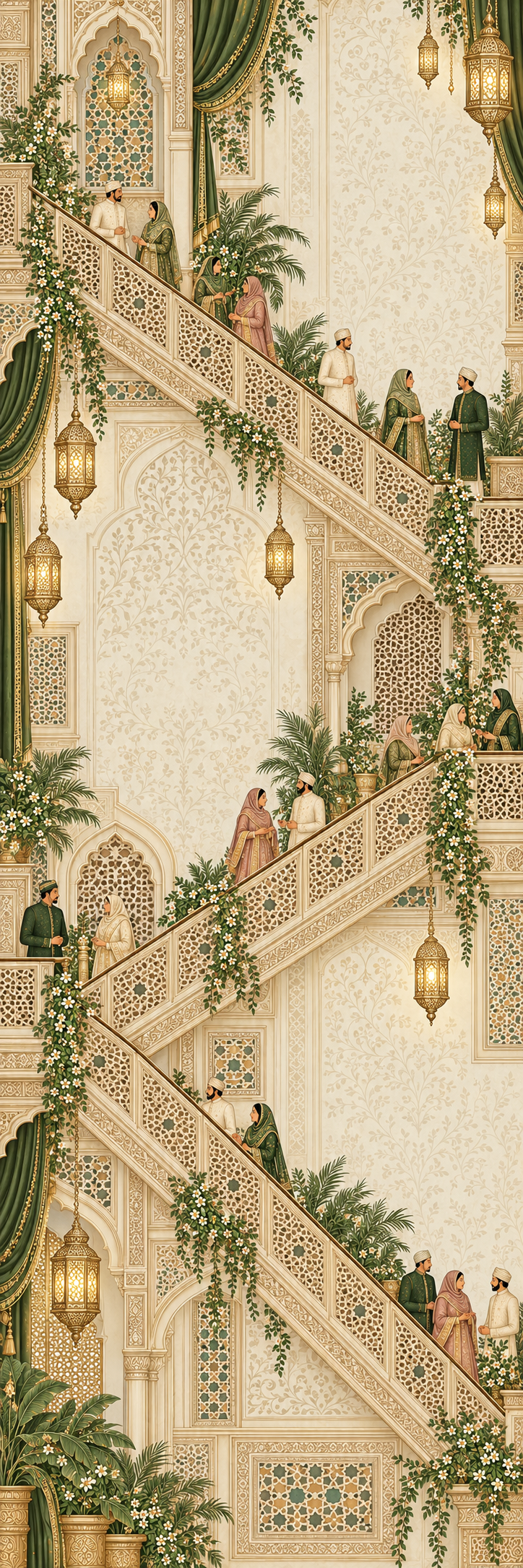 An illustrated Botanical Palace with pointed Indo-Islamic arches, geometric jali railings, brass lanterns and modestly dressed South Asian Muslim wedding guests
